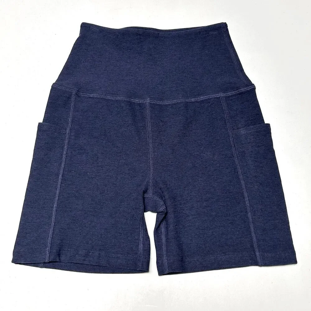 Beyond Yoga Space Dye Biker Shorts Womens Small Blue High Rise Pockets Yoga - Picture 1 of 8